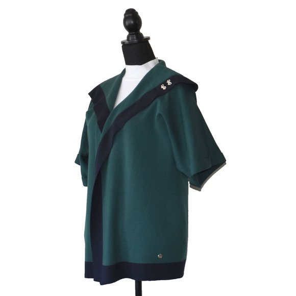 C0 Auth ESCADA Green Navy Trim Wool Knit Open Front Short Sleeve Jacket Size 44 - Picture 3 of 11